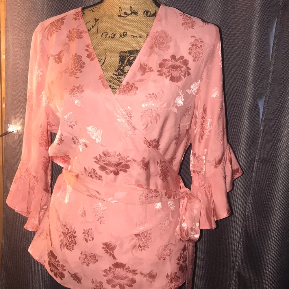 Express Jacquard Pink Wrap Around Top Tie Waist - Picture 3 of 6